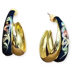 Vtg Gold Tone Navy Blue Enamel Hand Painted Floral Swirl Chunky Hoop Earrings